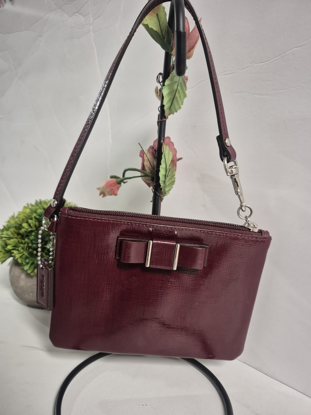 Coach Bow Accent Leather Wristlet in Burgundy